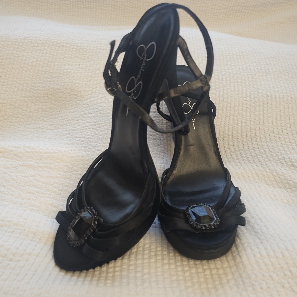 Jessica Simpson Black Strappy Heels with Black Jewel size 9